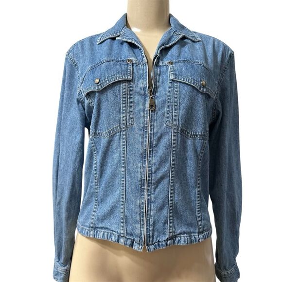 VNTG LIZ CLAIBORNE Y2K FITTED LAYERING CROPPED ZIP UP LONG SLEEVE DENIM JACKET - Picture 1 of 6
